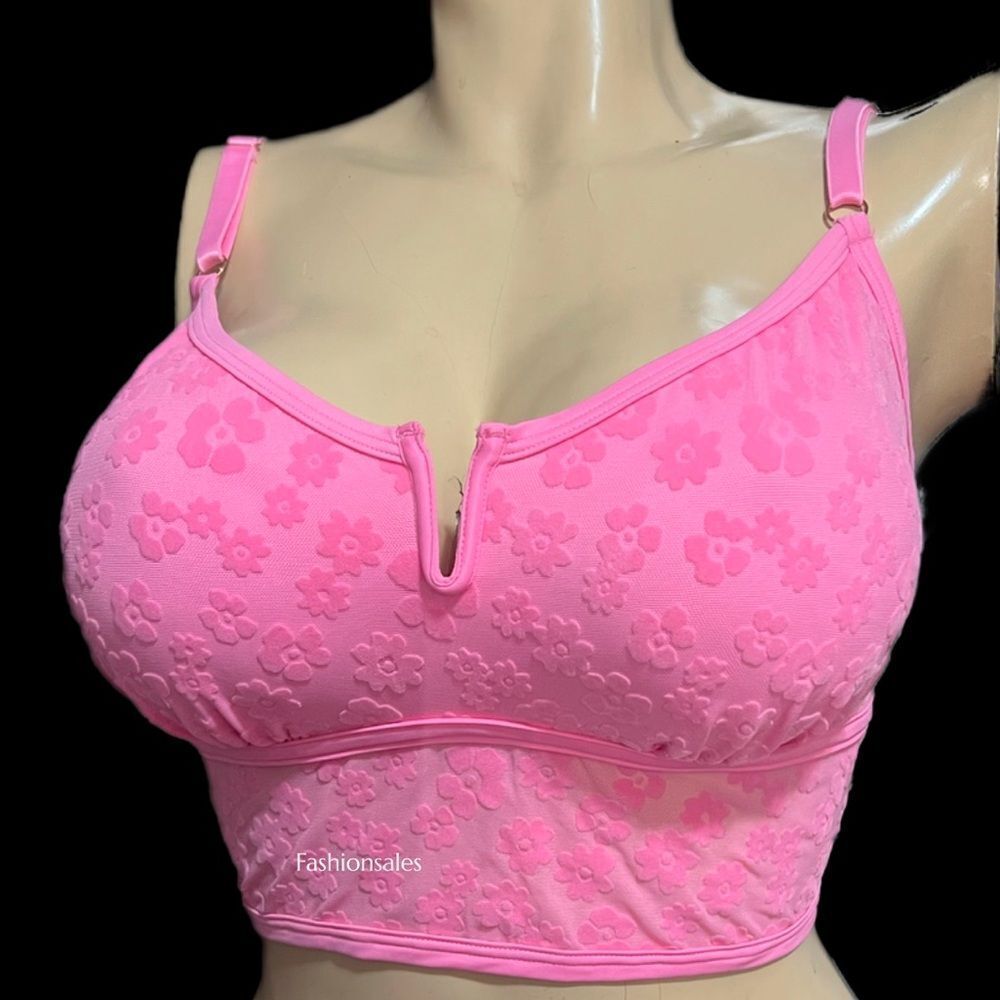 Victorias Secret Pink Padded Velvet Flowers Long bralette bra crop top pink XL